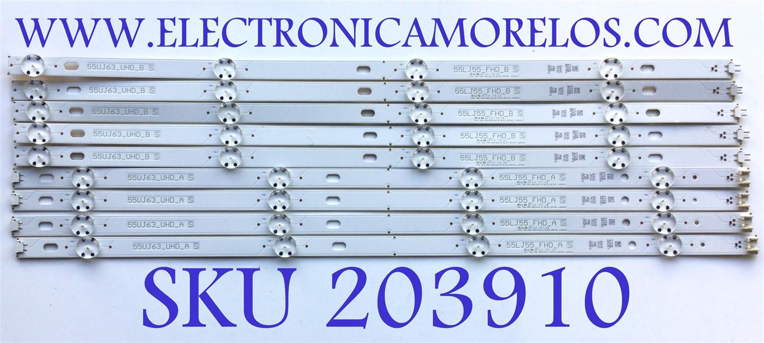 KIT DE LEDS PARA TV LG ( 9 PZ ) ((KIT INCOMPLETO, ORIGINALMENTE CONSTA DE 10PZ)) / NUMERO DE PARTE EAV63632406 / LGD550P3 / SSC_55LJ55/55UJ63_B_8LE_REV01_160922 / 55LJ55_FHD_B / PANEL NC550DUE / MODELO 55LJ5500-UB